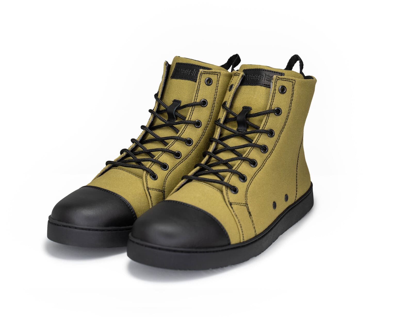 yellow-green canvas boots.